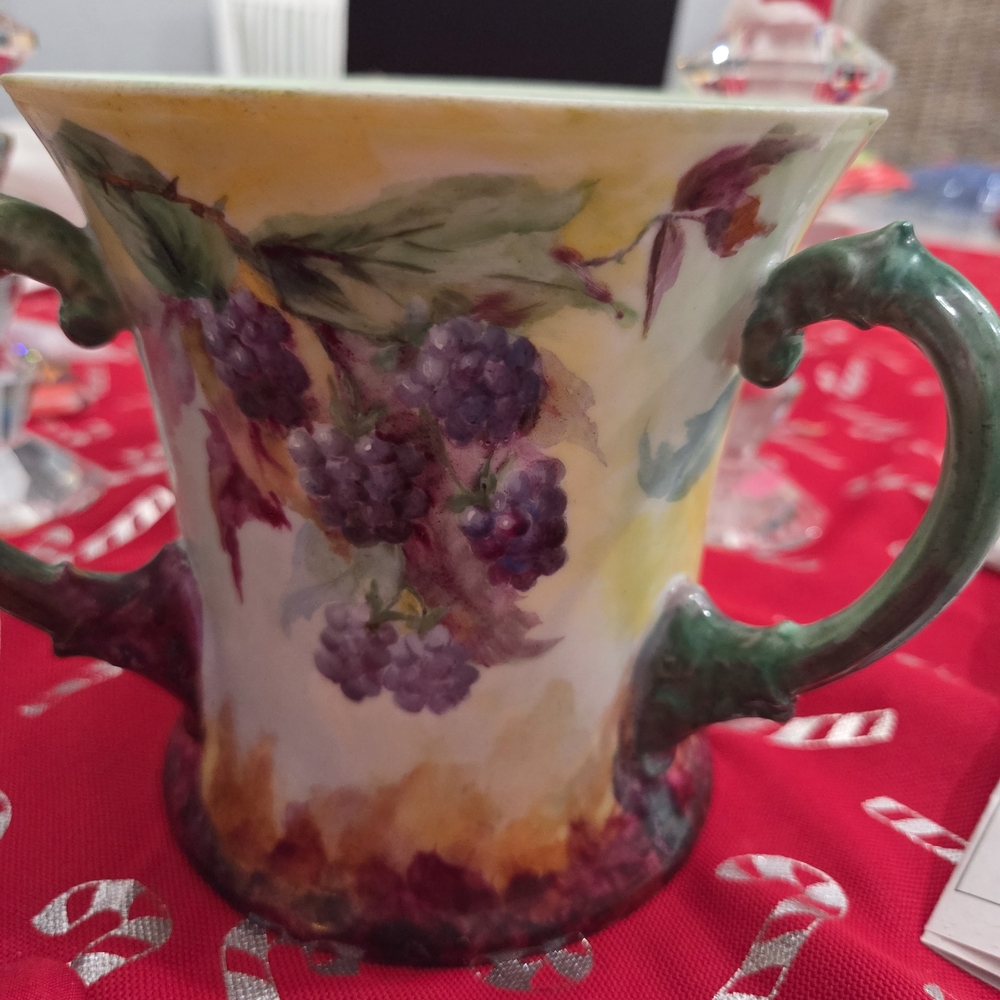 Hand-Painted Floral Mug with Green Handles By Weller Pottery 1920
